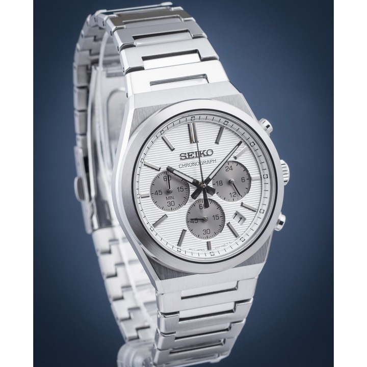 Ceas Seiko Classic Chronograph SSB451P1, quartz, alb, inox, 10 ATM, pentru barbati