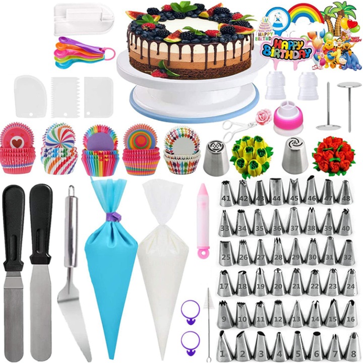 322-es tortadíszítő készlet, SINBINTA, Forgatható tányér, Díszítő fúvókák és vágó, Újrahasználható, Sütéshez, torták csomagolásához és a díszítés körvonalának kidolgozásához, Rozsdamentes acél/műanyag/szilikon, 28x28x8cm, Többszínű