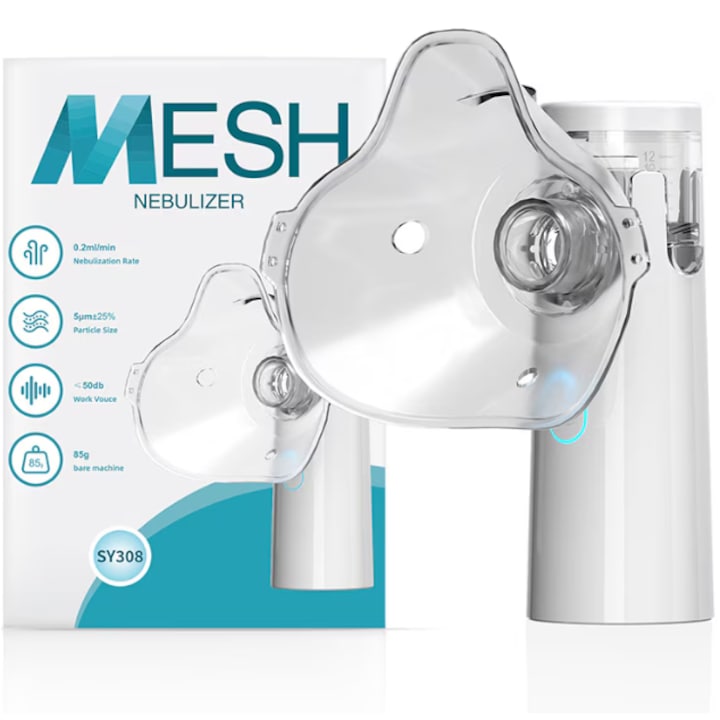 Nebulizator portabil cu ultrasunete, Aisdelu®, Tehnologie silentioasa MESH, Particule nebulizate 1-5 μm, Alb