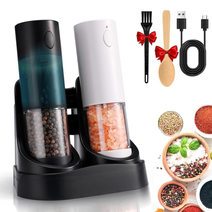 2 darabos elektromos só- és borsdaráló készlet, töltőállomással, nagy kapacitású újratölthető darálóval, LED lámpával, USB kábellel, tisztítókefével, kanállal, állítható vastagsággal, fekete-fehér