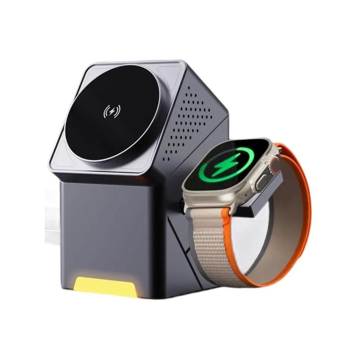 Incarcator wireless telefon/smartwatch,15W cu rotatie automata, compatibil Apple, design compact, argintiu, 11x6.6x6.6cm