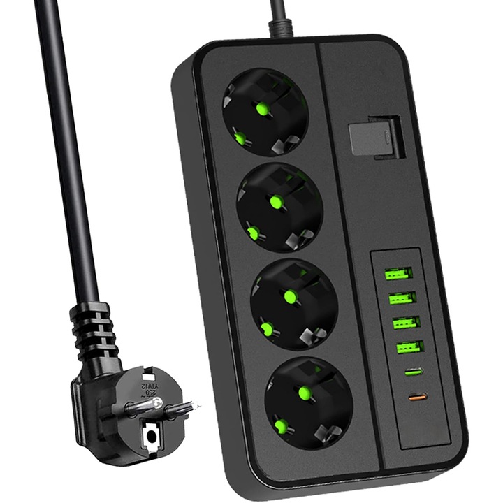 Prelungitor Fast Charge, 10-in-1, Rqiurpn, 4 prize AC, 4 USB-A, 2 USB-C, 2m, Protectie copii, negru