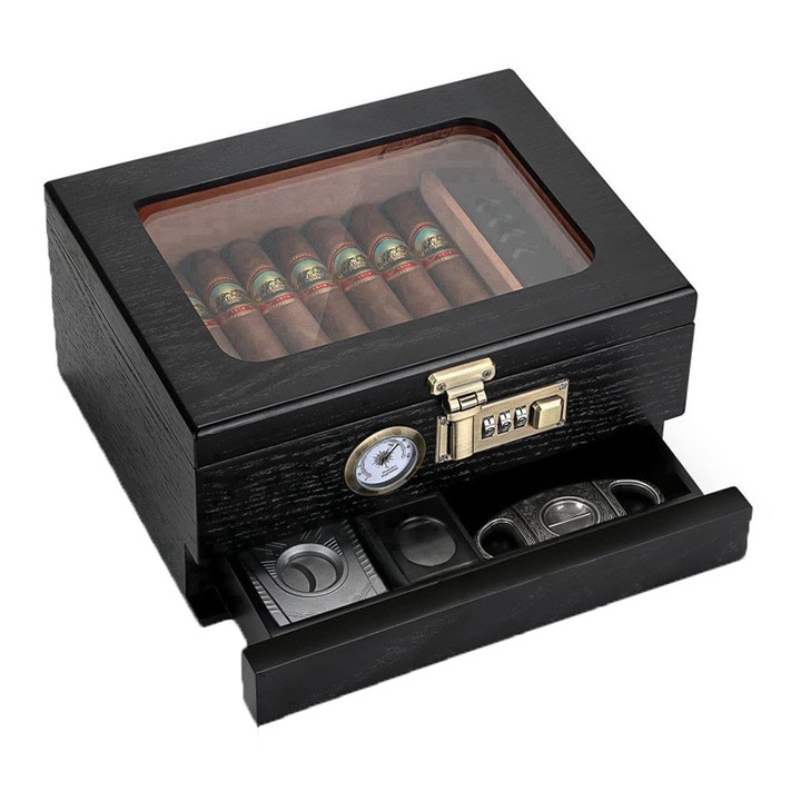 Humidor trabucuri din lemn de cedru, Rqiurpn, Cu capac din sticla, 20-35 trabucuri, Negru