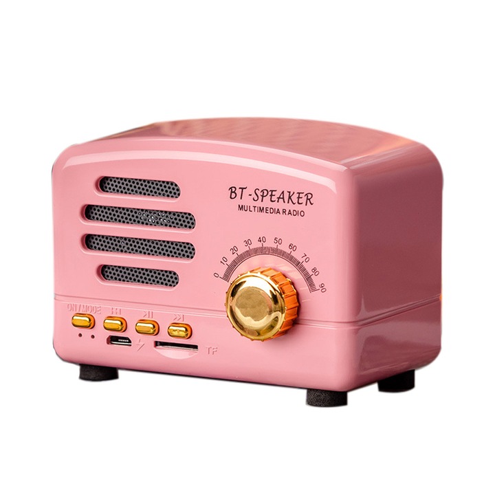 Мини преносим ретро bluetooth високоговорител, BT01, MagLife, 1200mAh, чисто качество на звука, кухня, спалня, офис, парти, открито, 95x60x70mm, розов