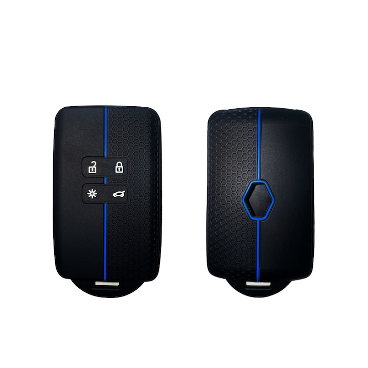 Suport cheie/card auto tip Dacia/Renault, silicon negru/silicon fagure cu dungi albastre, anti-rupere, MagLife