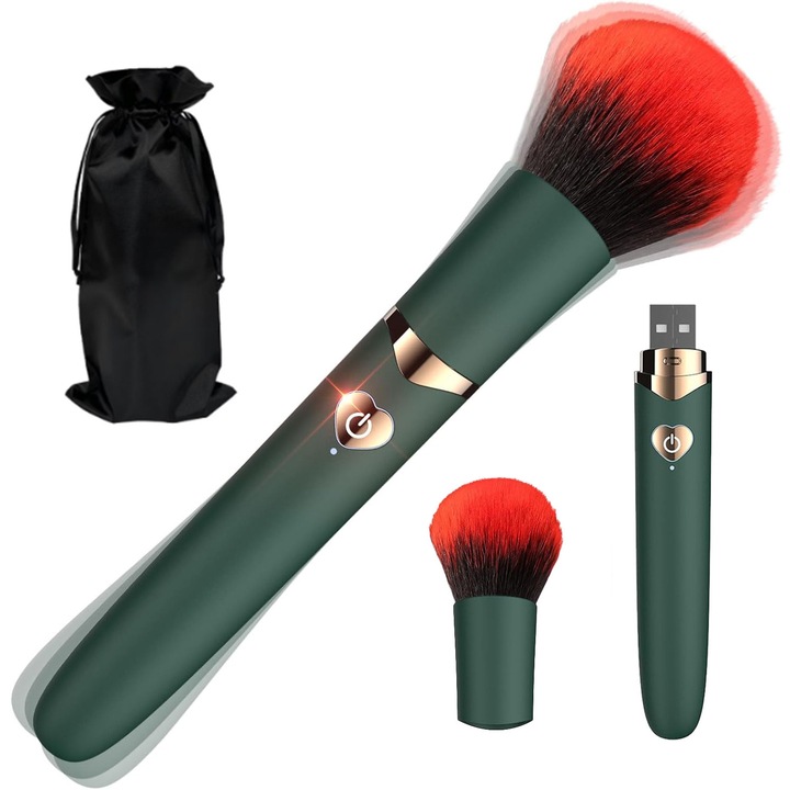 Vibrator Portabil in forma de pensula de machiaj, EXCITAT®, 9 Moduri Vibratie, Cap detasabil, Incarcare USB, Rezistent la apa, Design ergonomic, ABS/Silicon, Mamelon Punct G Stimulare orgasmica a clitorisului, silentios, Verde inchis