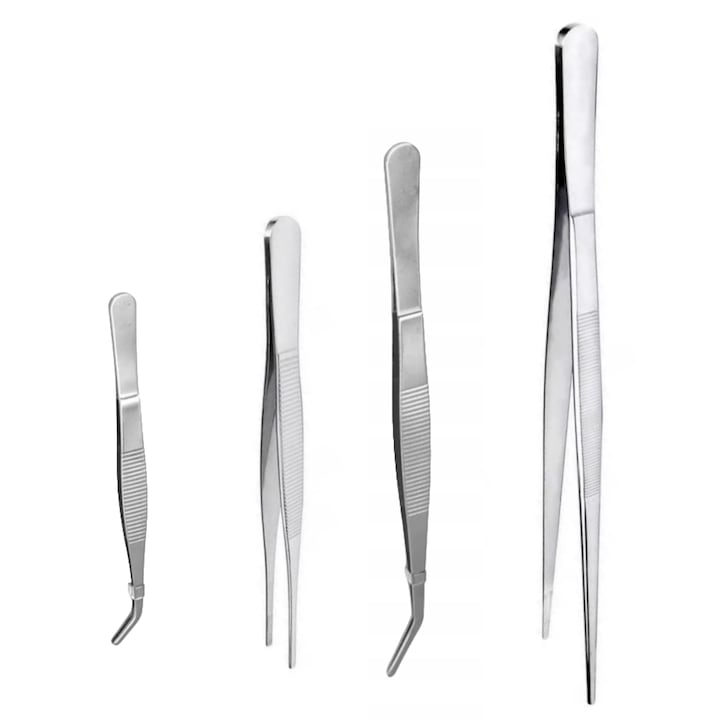Set 4 Cleste tip penseta pentru bucatarie, Otel inoxidabil, 30/25/20/14cm, cu modele drepte si in cot, Vanaxalife®, Argintiu
