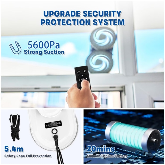 Robot autonom de curatare geamuri Smart Window Robot, Excitat®, Robot curatare geamuri, Aspiratie 5600 pa, Remote control function, Detectie margini, Protectie anti-cadere, Cap curatare dublu helix, Oprire automata, Alb inchis