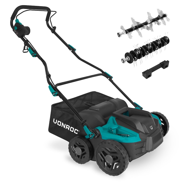 Скарификатор VONROC SA502AC, мощност 1500W, ширина на косене 360 mm, торба за събиране на трева 45L, с аерираща ролка, комплект за стенен монтаж, тегло 11 kg