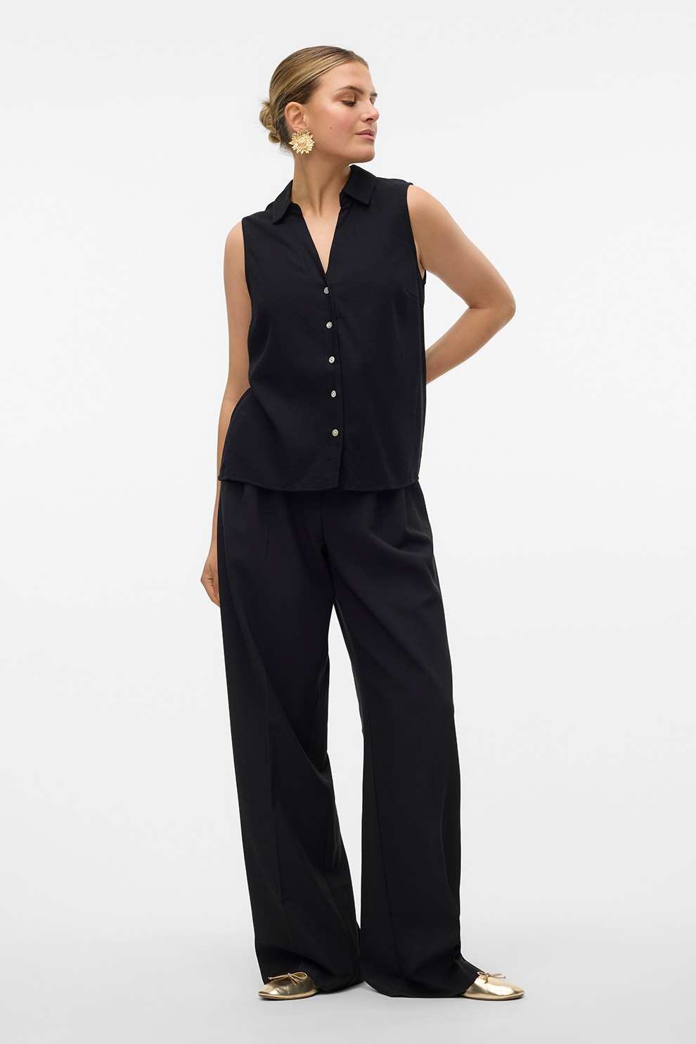 Vero Moda, Camasa din amestec de in, fara maneci, Negru, M