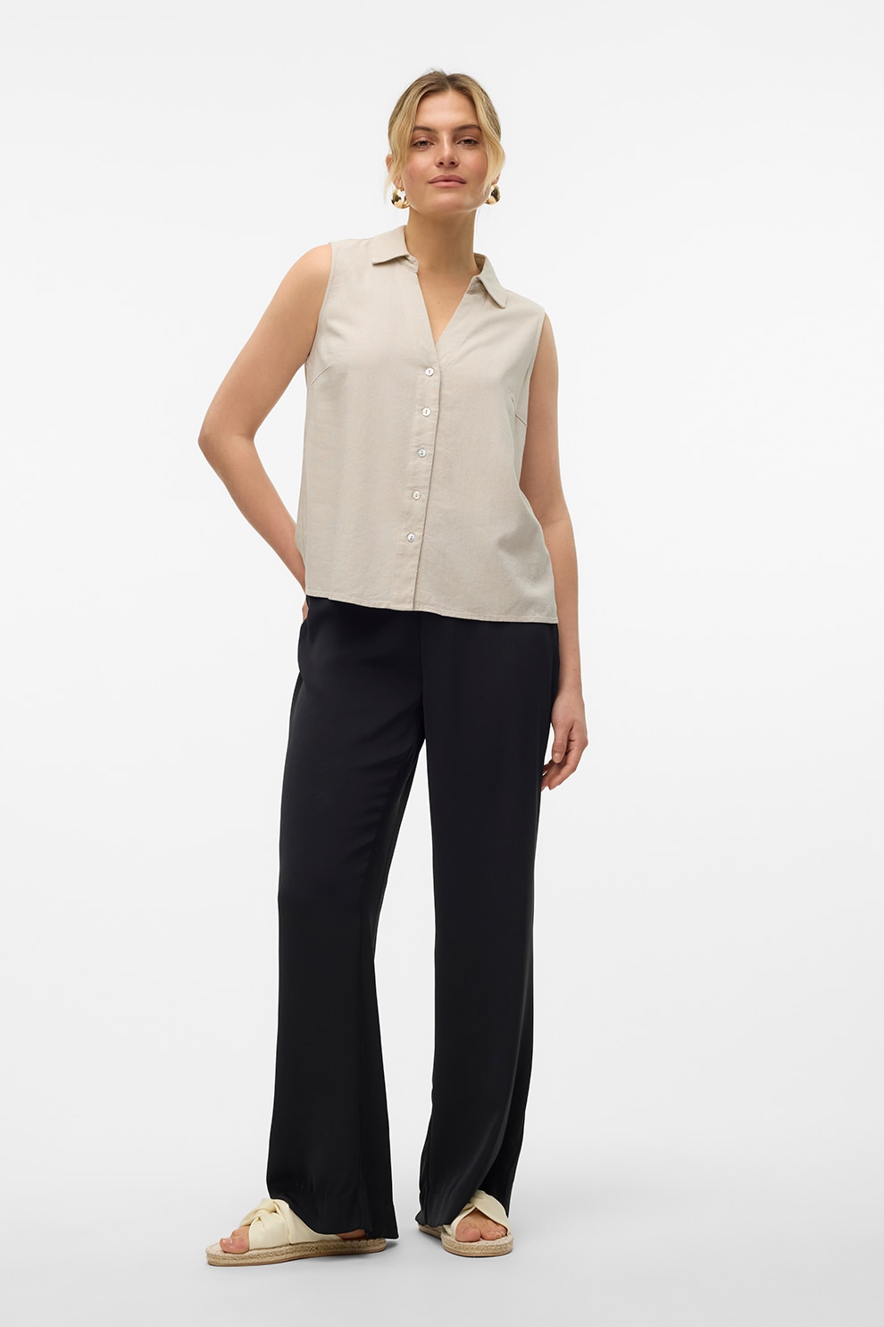 Vero Moda, Camasa din amestec de in, fara maneci, Alb murdar, S