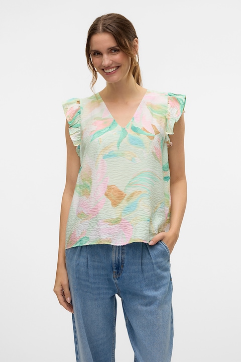 Vero Moda, Bluza cu decolteu in V, fara maneci, Roz pastel/Portocaliu stins/Verde pal