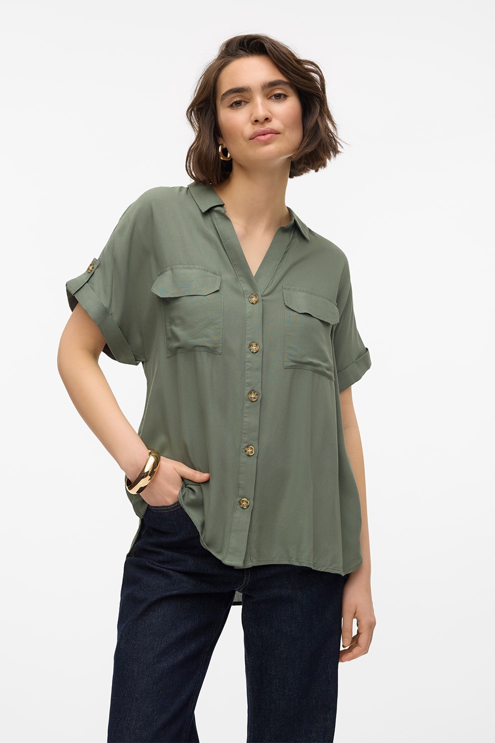 Vero Moda, Camasa lejera cu decolteu in V, Kaki, XS