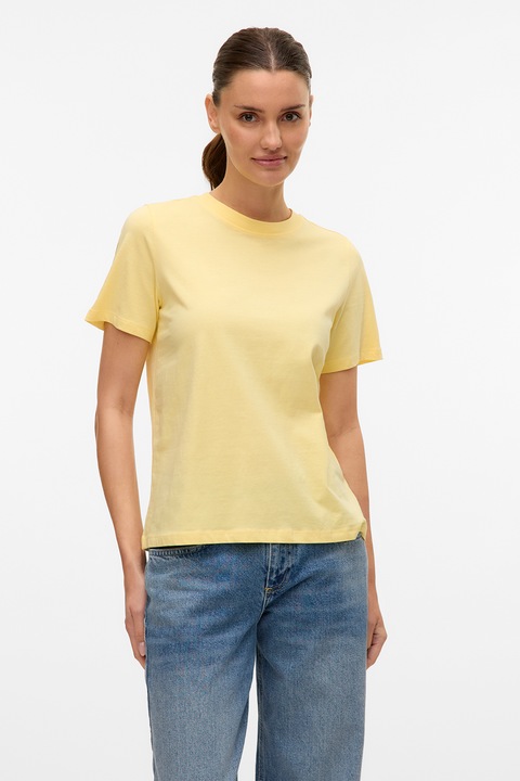 Vero Moda,Tricou de bumbac organic cu decolteu la baza gatului, Galben pai, S