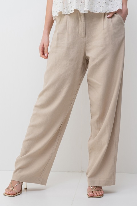 Vero Moda, Панталон с широк крачол с лен, Бежов