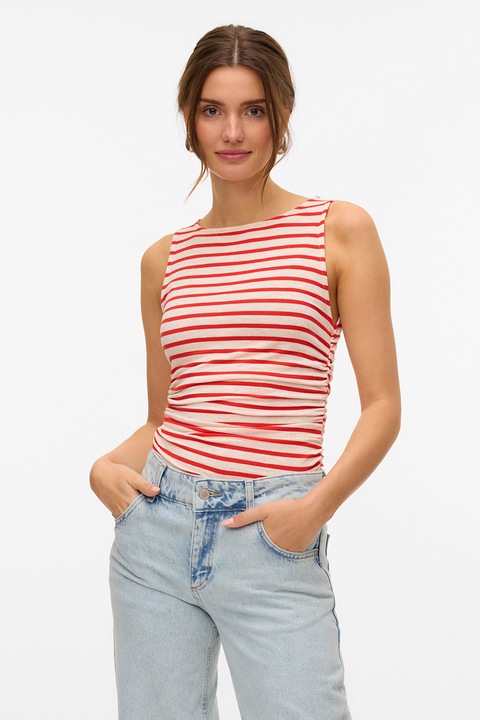 Vero Moda, Раиран слим топ, Червен/Мръснобял