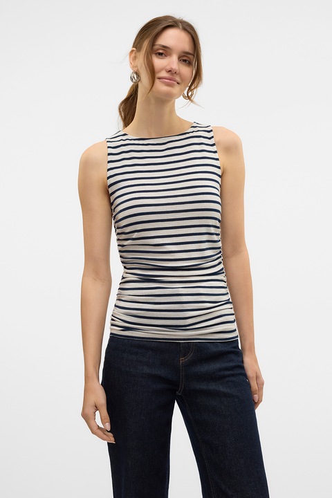 Vero Moda, Раиран слим топ, Ултрамарин синьо/Мръснобял