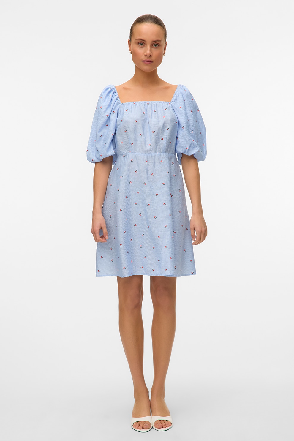Vero Moda, Rochie cu maneci bufante si imprimeu, Rosu, Alb, Albastru lavanda, M