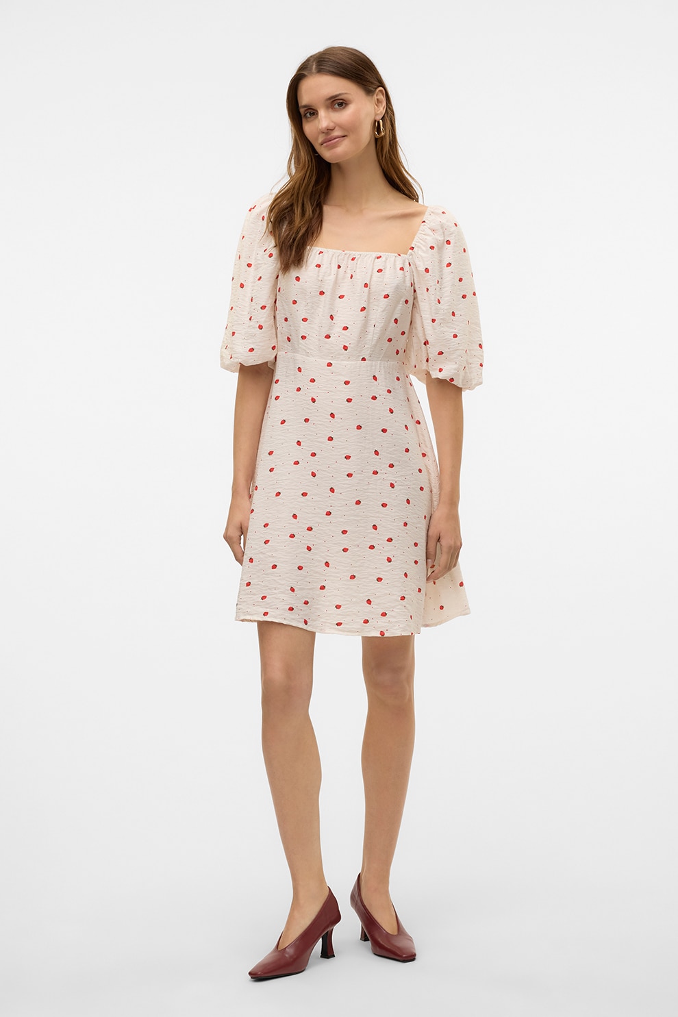 Vero Moda, Rochie cu maneci bufante si imprimeu, Rosu, Alb fildes, M