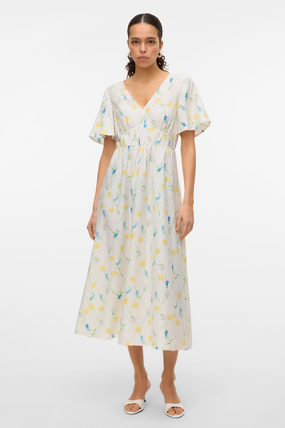 Vero Moda, Rochie maxi cu decolteu in V, Alb, Galben, Albastru lavanda, M