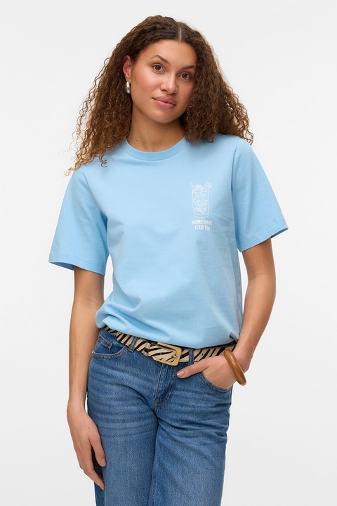 Vero Moda, Тениска от органичен памук с принт, Бял/Лавандула