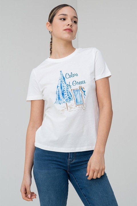 Vero Moda, Тениска Siane от органичен памук, Бял/Каки/Син