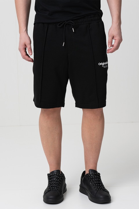 Jack & Jones, Pantaloni scurti de trening cu snur, Alb/Negru stins