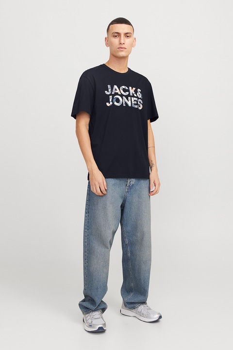 Jack & Jones, Tricou cu imprimeu logo Essentials, Alb, Albastru ultramarin, Piersica, M