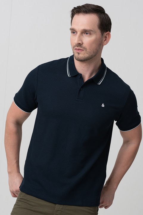 Jack & Jones, Тениска с органичен памук с яка, Тъмносин