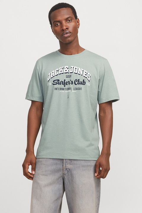 Jack & Jones, Logómintás organikuspamut póló, Fehér/Halványzöld/Tengerészkék