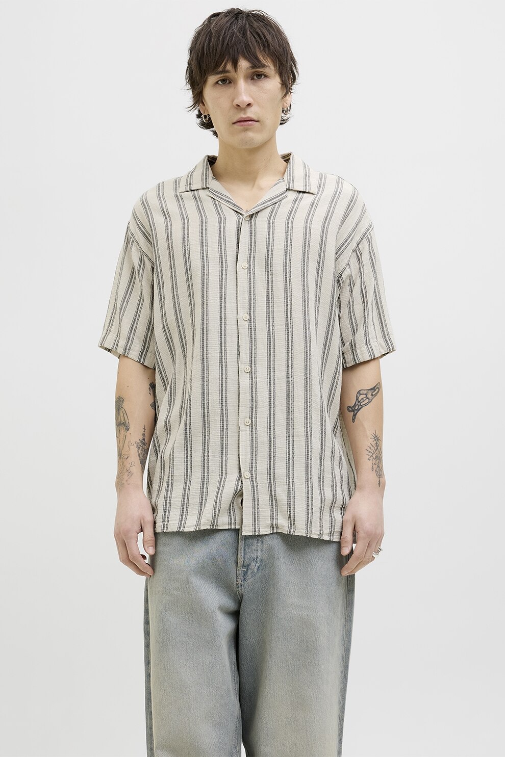 Jack & Jones, Camasa din bumbac cu model in dungi, Alb fildes, Gri inchis, M