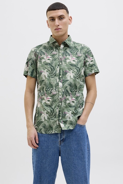 Jack & Jones, Camasa din bumbac cu model, Verde/Alb murdar