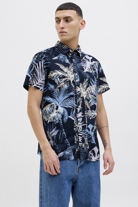 Jack & Jones, Памучна риза с принт, Слонова кост/Въглен сиво/Тъмносин