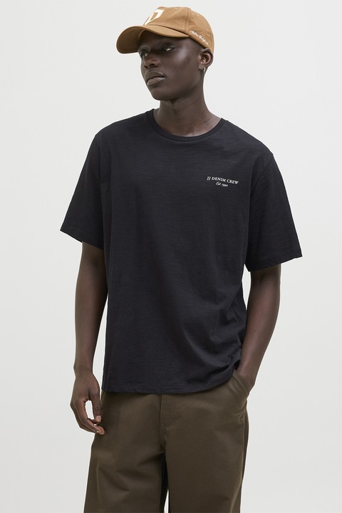 Jack & Jones, Tricou de bumbac cu imprimeu grafic pe spate, Alb fildes/Negru