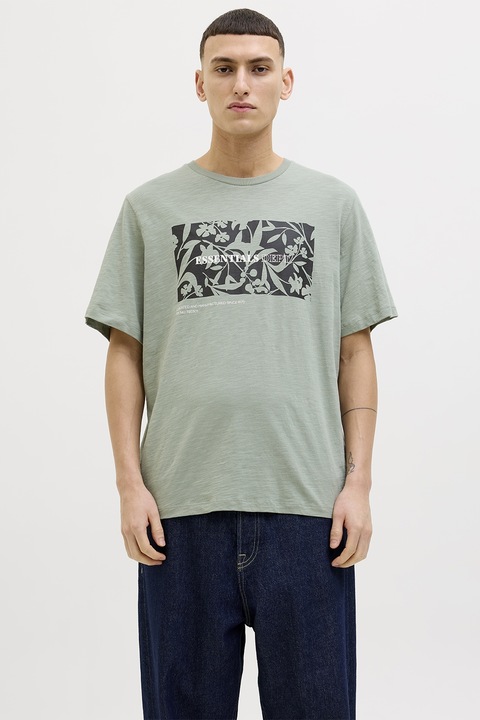 Jack & Jones, Bő fazonú póló mintával az elején, Fehér/Koptatott fekete/Halványzöld