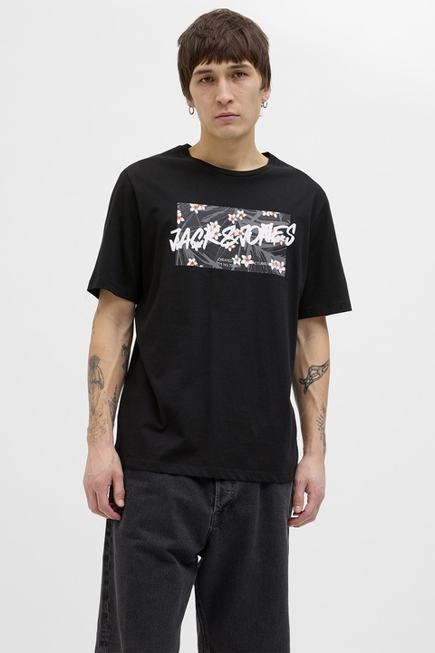 Jack & Jones, Памучна тениска с принт, Бял, Черен, Tъмносив, L