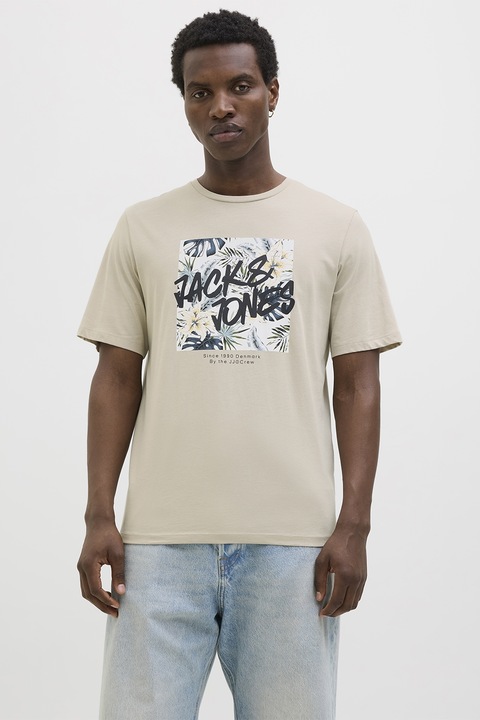 Jack & Jones, Mintás pamutpóló, Fehér/Fekete/Világos tópbarna