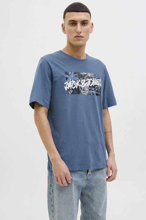 Jack & Jones, Mintás pamutpóló, Fehér/Levendulakék