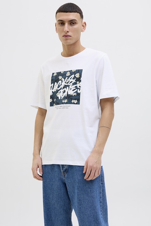 Jack & Jones, Mintás pamutpóló, Fehér/Szénszürke/Törtfehér