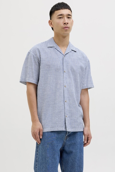 Jack & Jones, Kényelmes fazonú pamut és lenvászon ing, Fehér/Levendulakék