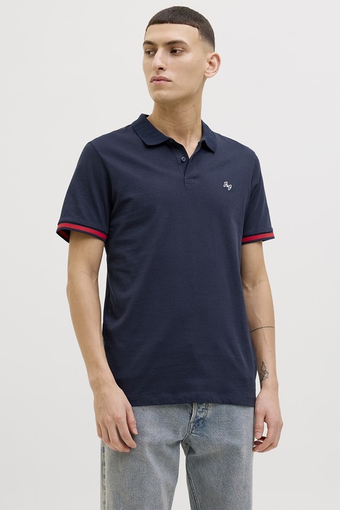 Jack & Jones, Тениска с яка и бродирано лого, Ултрамарин синьо