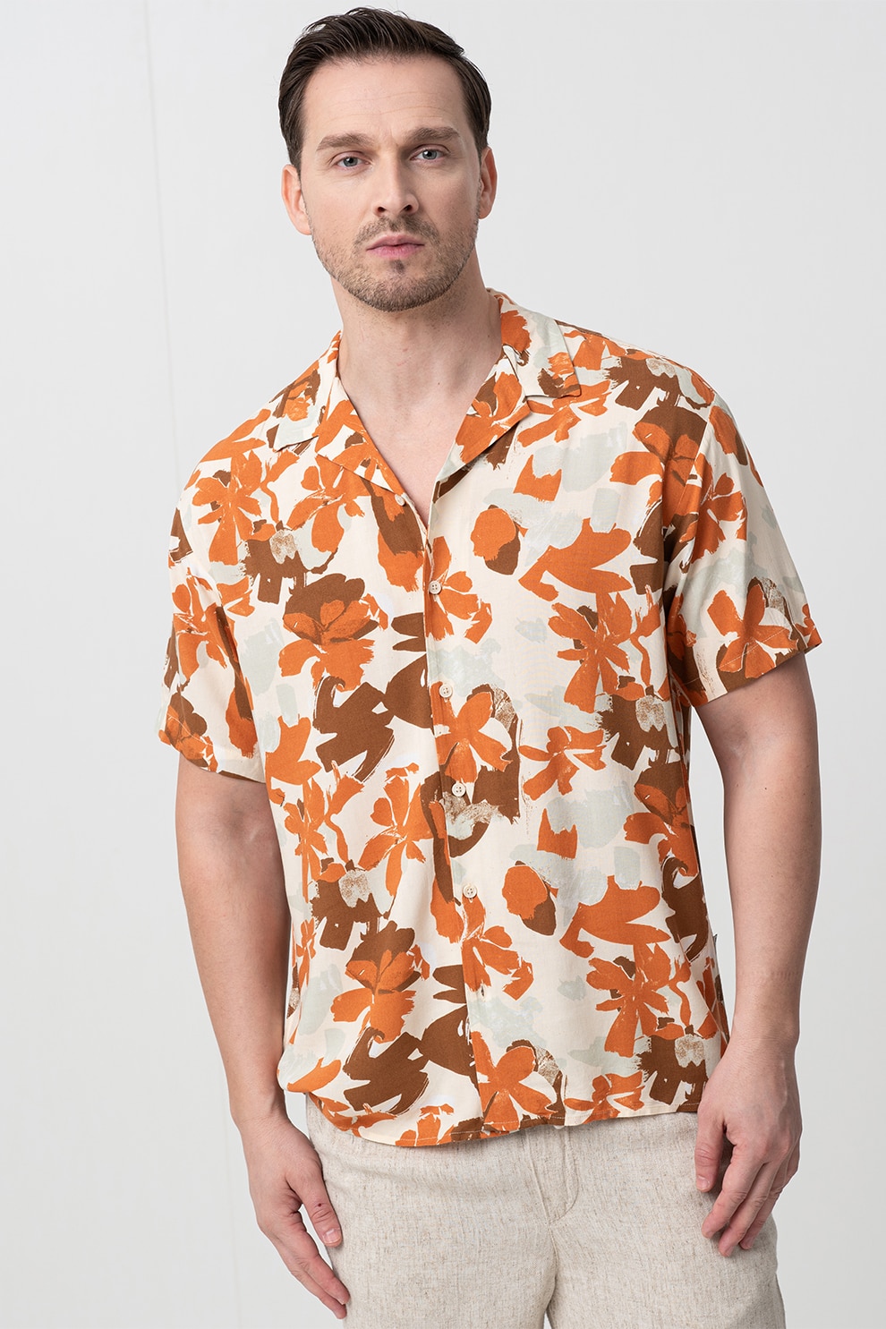 Jack & Jones, Camasa cu model floral, Portocaliu, Maro fango, Bej deschis, S