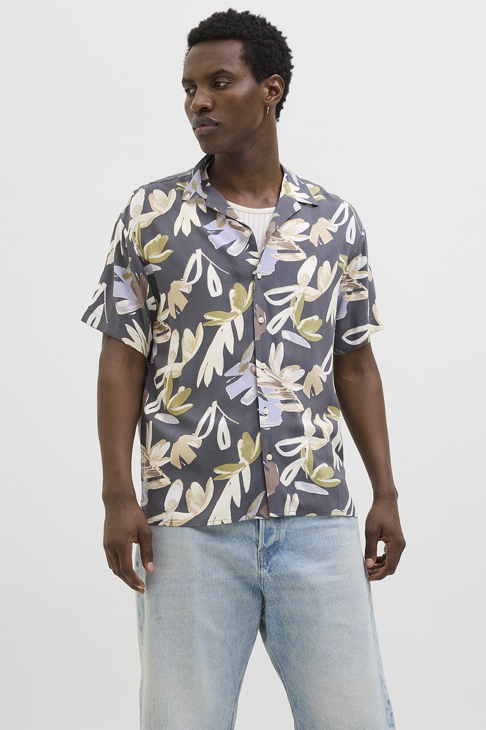 Jack & Jones, Camasa cu model floral, Alb fildes, Albastru deschis, Gri inchis, M