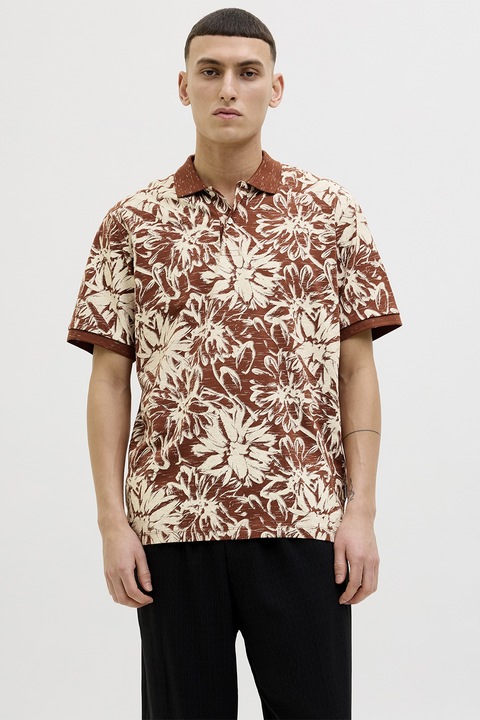 Jack & Jones, Pamuttartalmú póló mintával, Konyakbarna/Csontszín