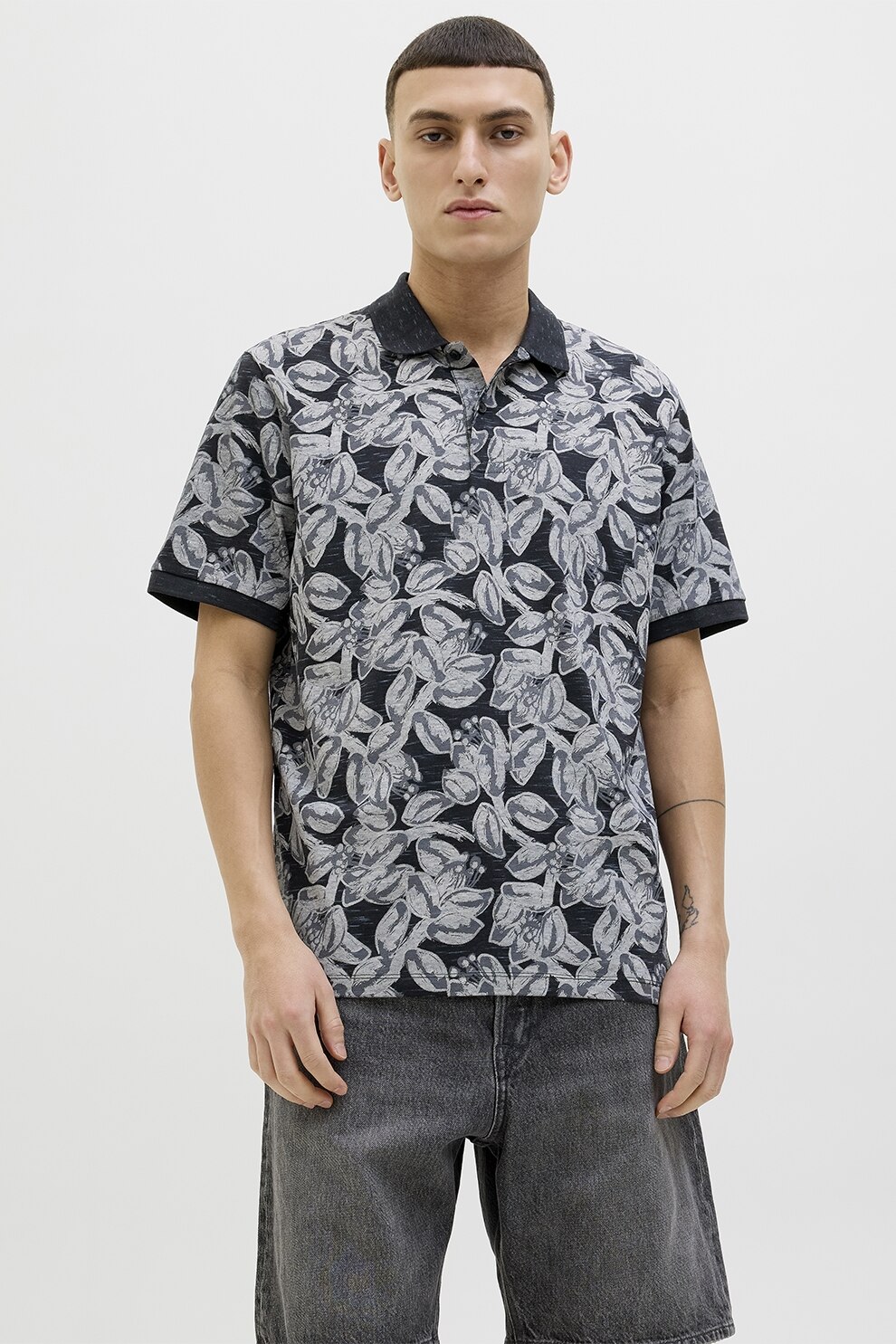 Jack & Jones, Tricou din amestec de bumbac cu imprimeu Split, Negru, Gri deschis, XL