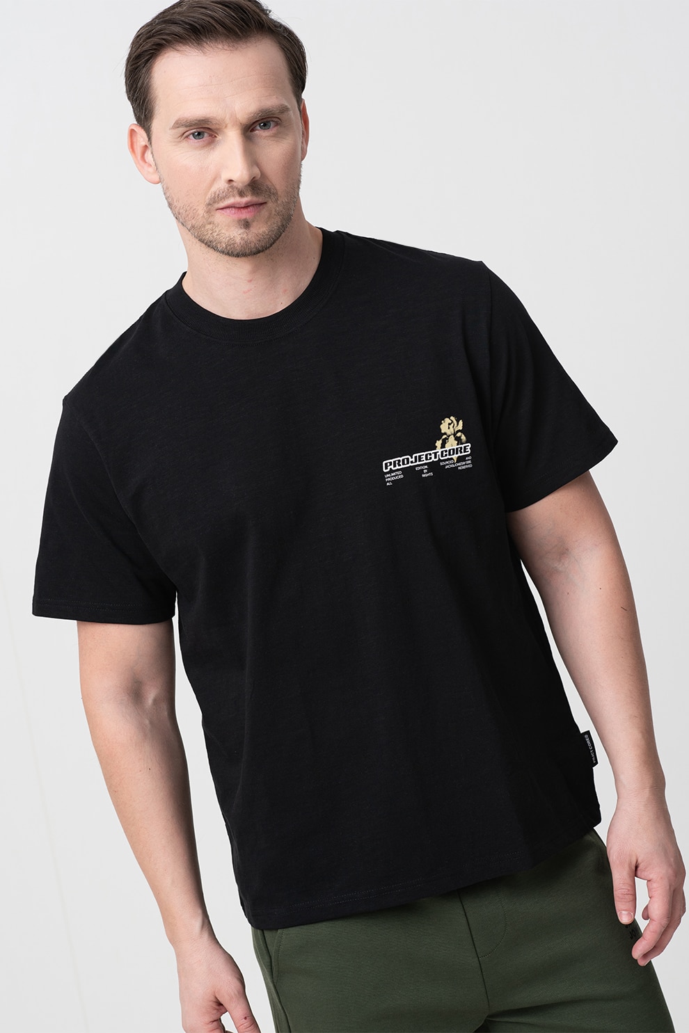 Jack & Jones, Tricou cu decolteu la baza gatului si imprimeu pe piept Recharge, Negru, Galben deschis, M