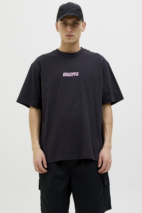 Jack & Jones, Tricou din bumbac cu decolteu la baza gatului, Negru/Portocaliu pal/Rosu stins