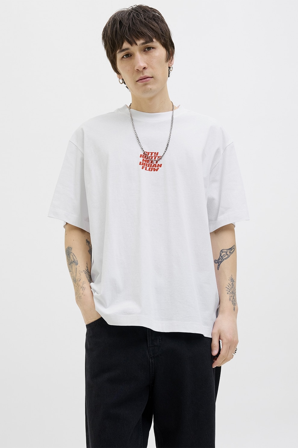 Jack & Jones, Tricou din bumbac cu decolteu la baza gatului, Alb, Rosu stins, XL