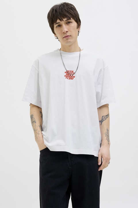 Jack & Jones, Kerek nyakú pamutpóló, Fehér/Koptatott piros