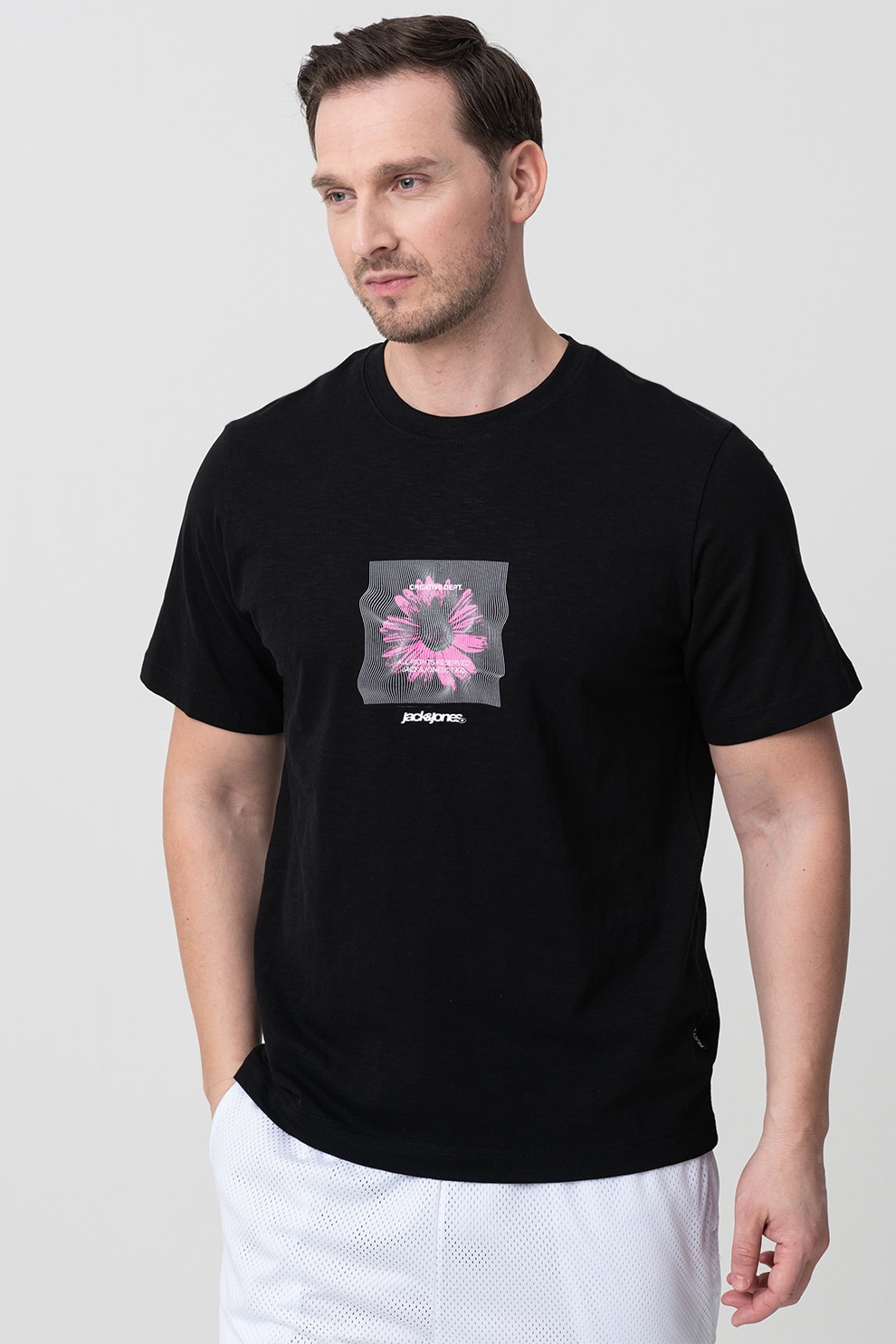 Jack & Jones, Tricou cu imprimeu grafic si decolteu la baza gatului, Alb, Fucsia, Negru melange, XL